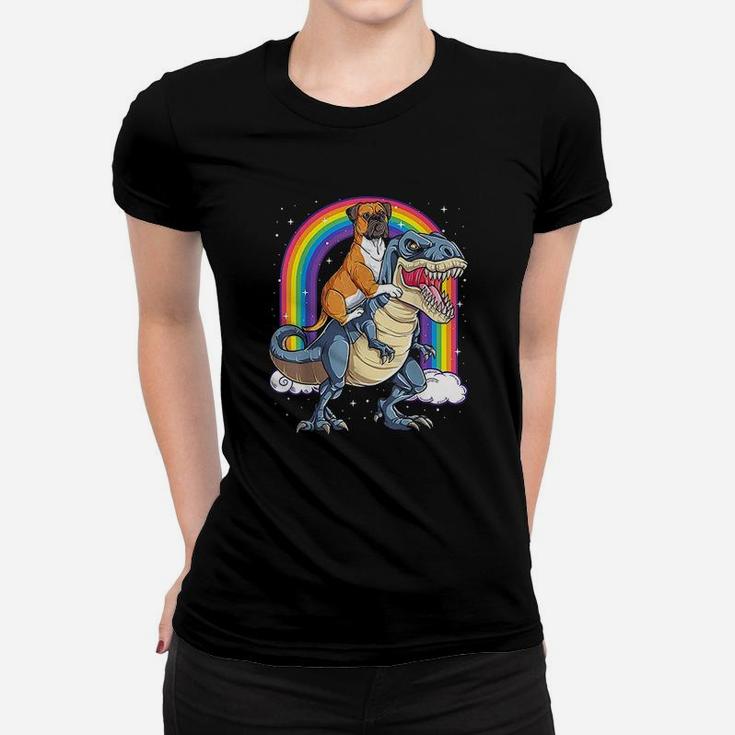 Boxer Riding DinosaurRex Gift Dog Lover Boys Kids Rainbow Women T-shirt