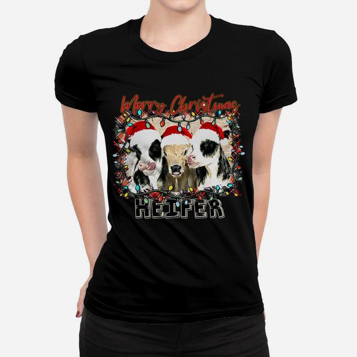 Buffalo Plaid Merry Christmas Heifer Farm Girl Cows Lover Women T-shirt