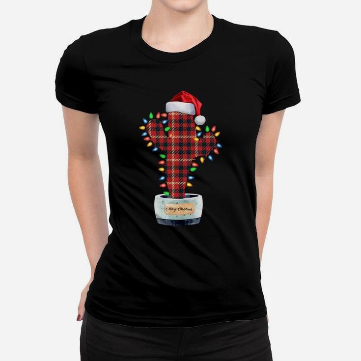 Cactus Christmas Buffalo Plaid Shirt Lights Santa Gift Xmas Sweatshirt Women T-shirt
