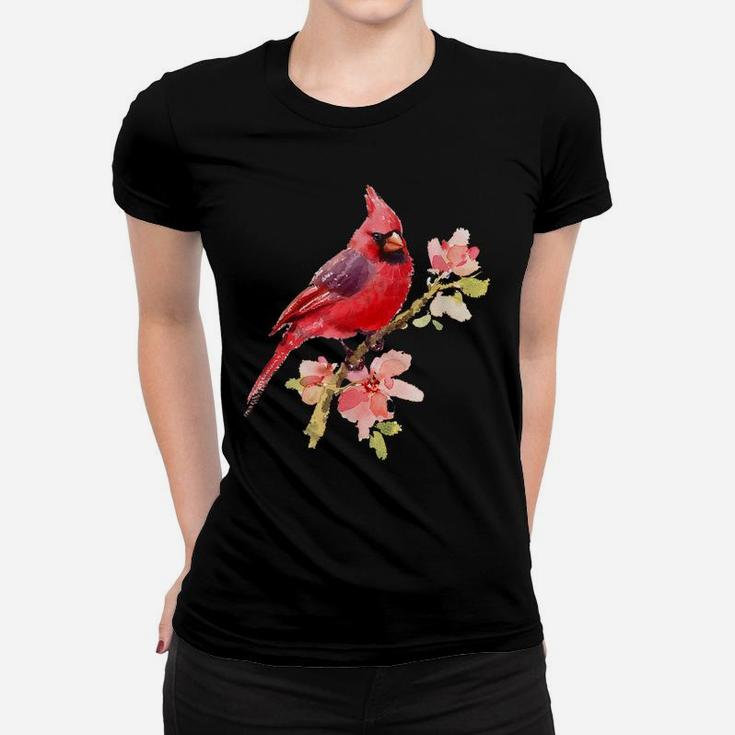 Cardinal Spirit Animal, Red Bird Stand On Pink Flower Women T-shirt