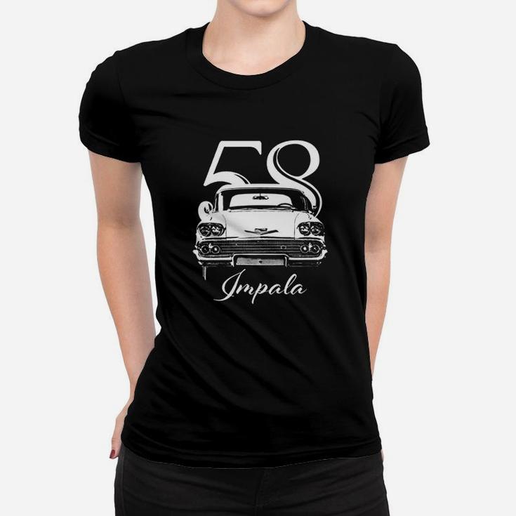Cargeektees 1958 Impala Grill View With Year And Model Name Black Women T-shirt