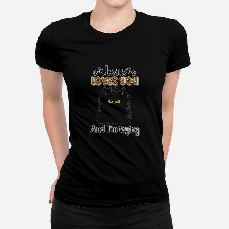 Cat Black Jesus Loves You Women T-shirt