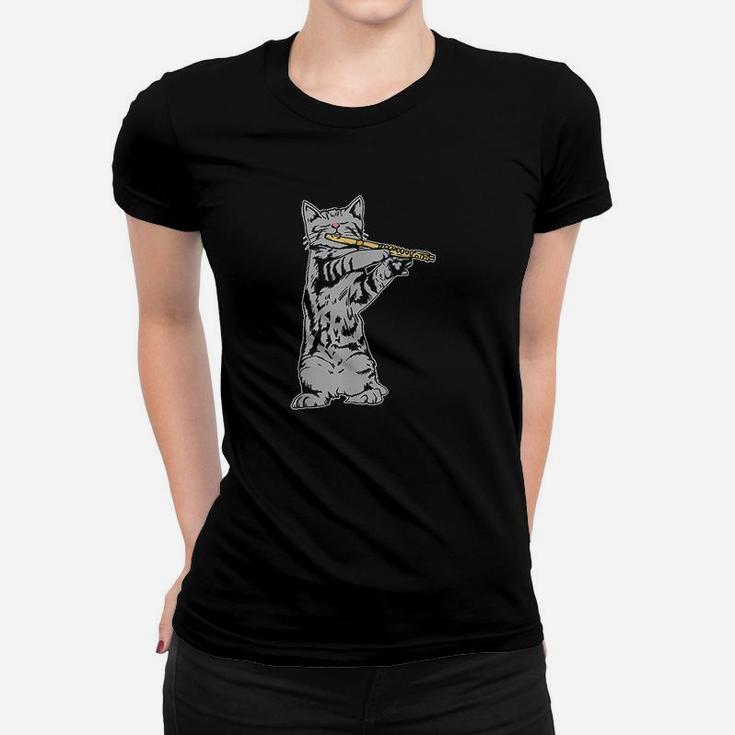 Cat Playing Flute Cool Musician Marching Band Women T-shirt