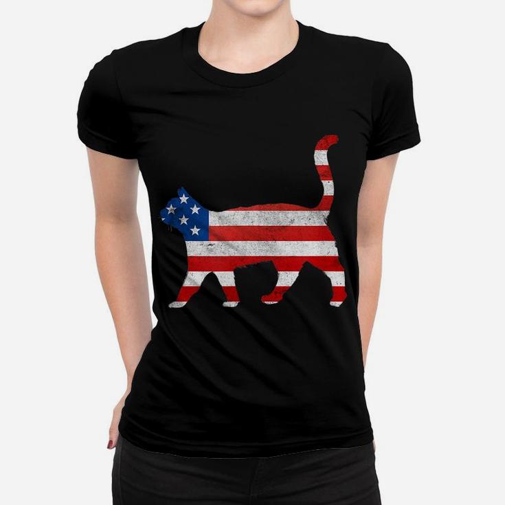 Cat Silhouette Walk Usa Flag Patriotic Vintage Kitten Lovers Women T-shirt