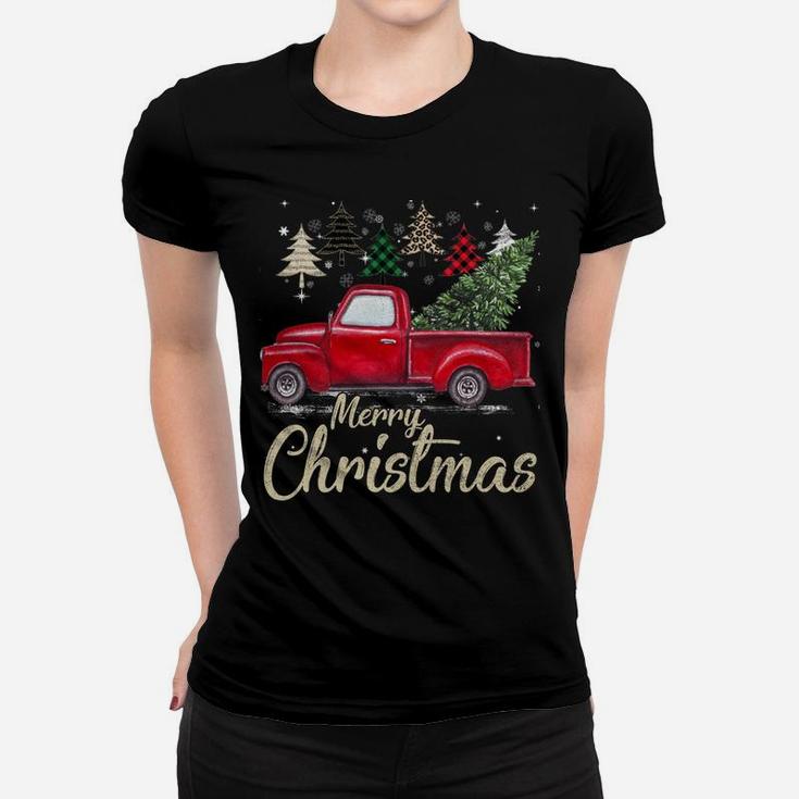 Chrismas Red Truck With Buffalo Plaid And Leopard Xmas Trees Women T-shirt