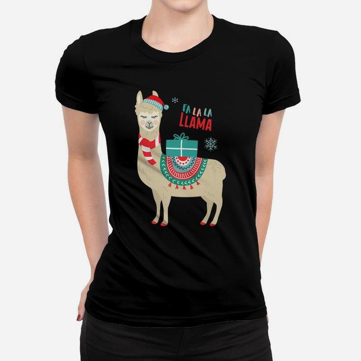 Christmas Llama Santa Hat Ugly Xmas Funny Holiday Women T-shirt