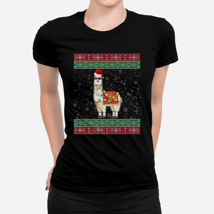 Christmas Llama Santa Hat Ugly Xmas Tree Alpaca Women T-shirt