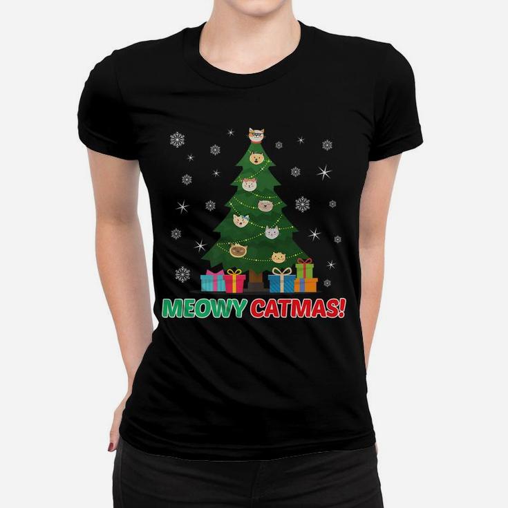 Christmas Meowy Catmas Cat Kitty Tree Design Women T-shirt