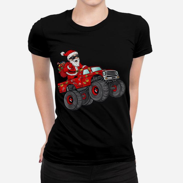 Christmas Santa Claus Riding Monster Truck Boys Kids Xmas Women T-shirt