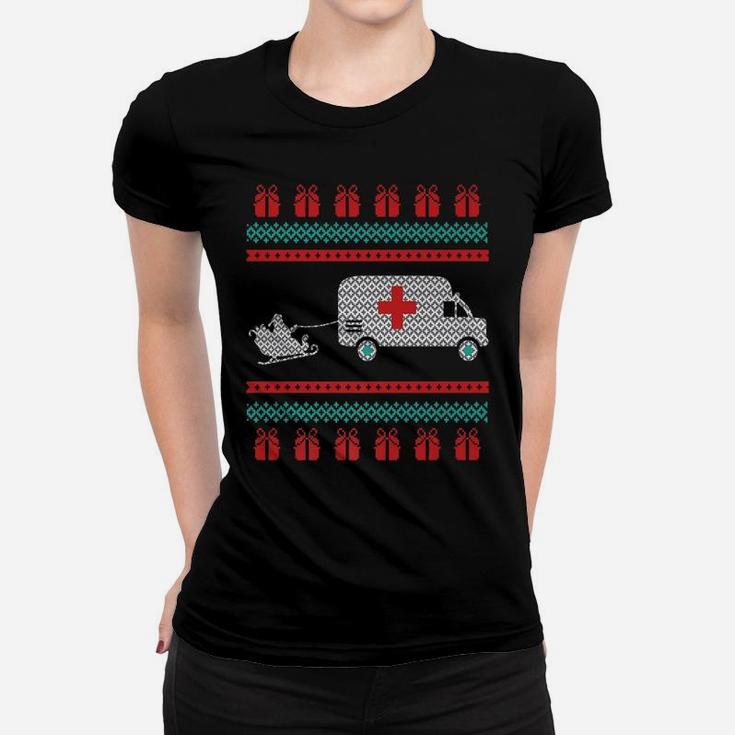 Christmas Ugly Sweater Ambulance Emergency Emt Santa Design Women T-shirt
