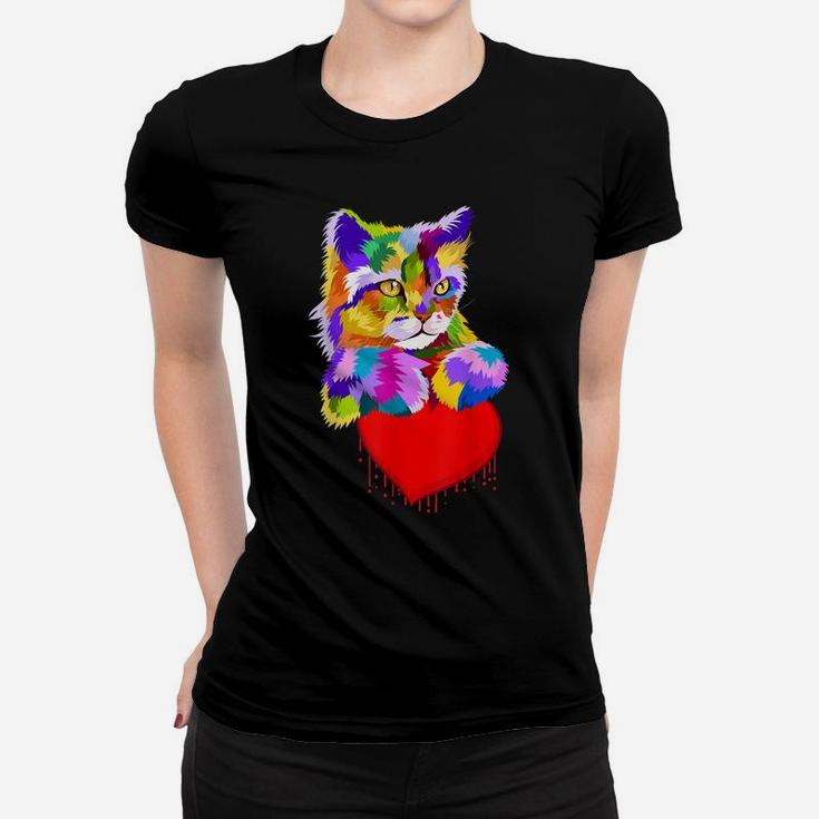 Colorful Cat For Kitten Lovers Kitty Adoption Dripping Heart Women T-shirt