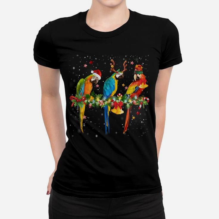 Colorful Christmas Parrots Santa Reindeer Elf Hat Funny Sweatshirt Women T-shirt