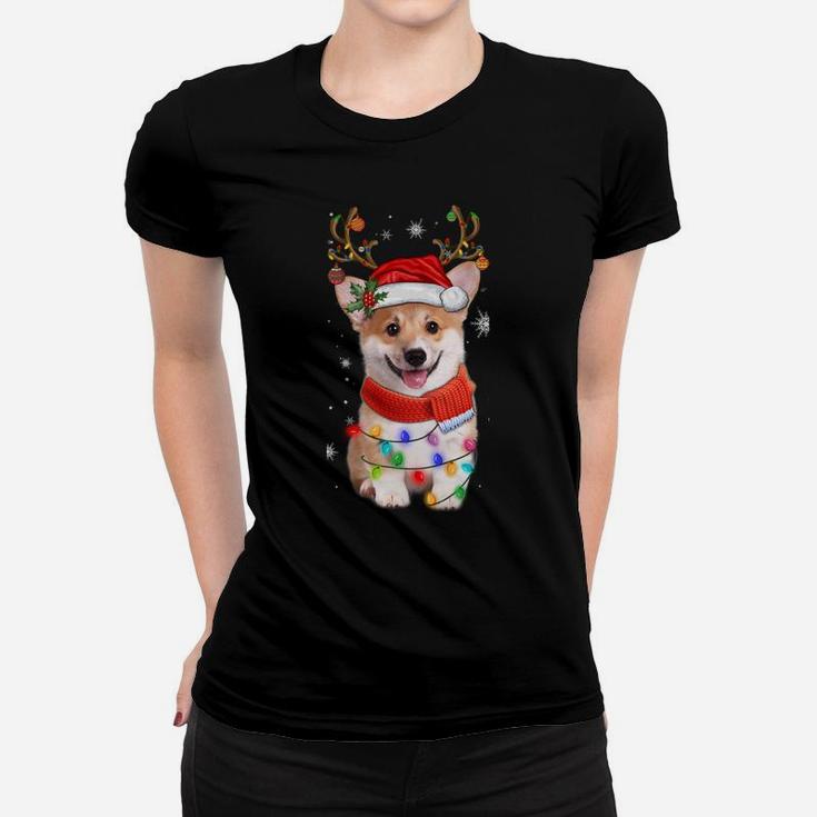 Corgi Dog Christmas Reindeer Santa Hat Xmas Light Pajama Tee Sweatshirt Women T-shirt