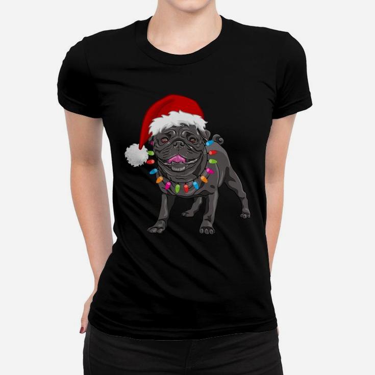 Cute Black Pug Christmas Tree Lights Santa Dog Xmas Funny Women T-shirt