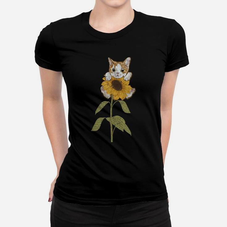 Cute Cat Florist Beautiful Yellow Flower Floral Sunflower Women T-shirt