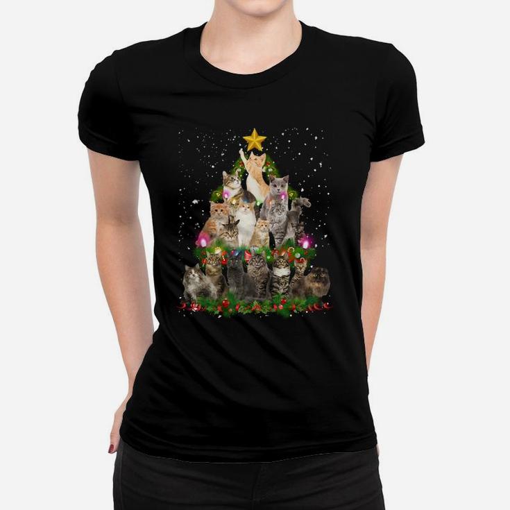 Cute Christmas Tree Cats Deco Lights Funny Cat Xmas Gift Sweatshirt Women T-shirt