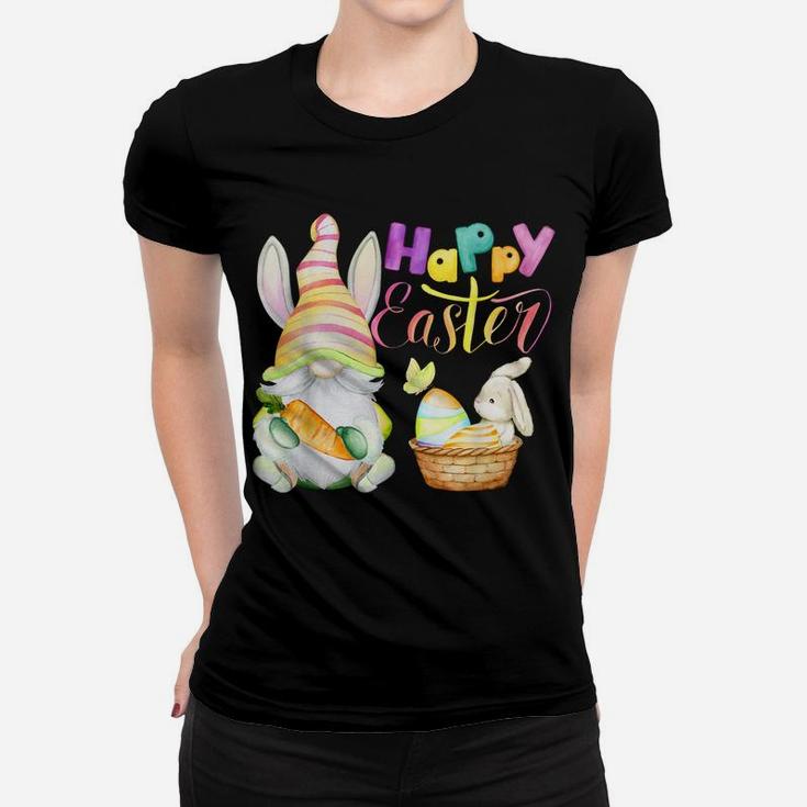 Cute Gnome & Bunny Rabbit Colorful Lettering Happy Easter Women T-shirt