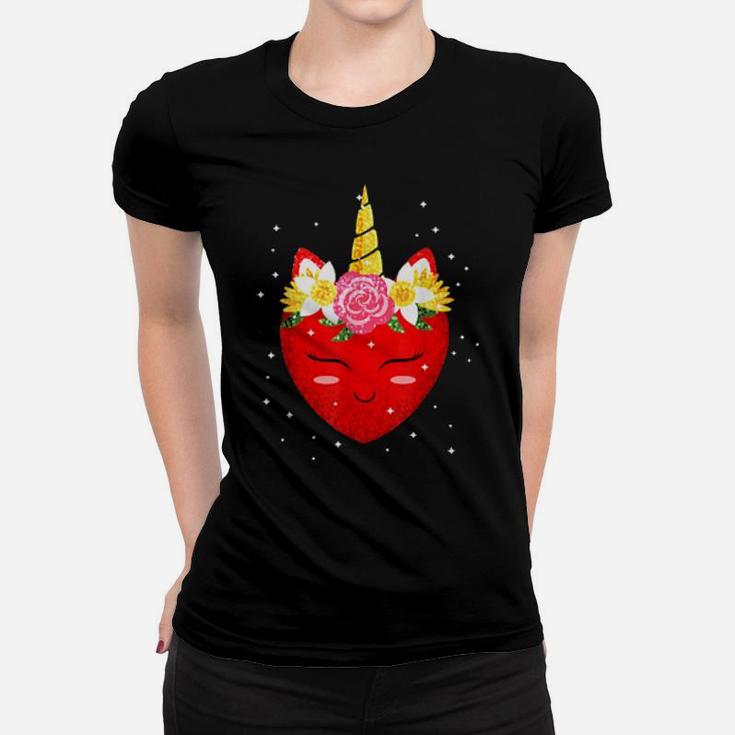 Cute Heart Unicorn Face Valentines Day Girls Women T-shirt