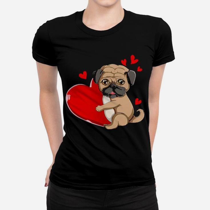 Cute Pug Valentines Day Holding Heart My Valentine Girl Women T-shirt