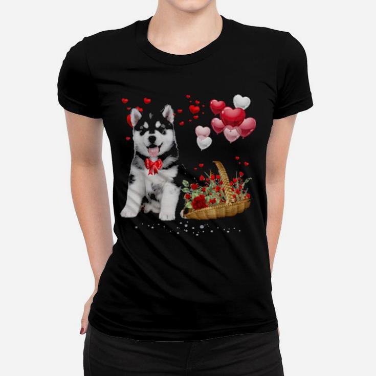 Cute Siberian Husky Balloon Heart Valentine's Day Valentine Women T-shirt