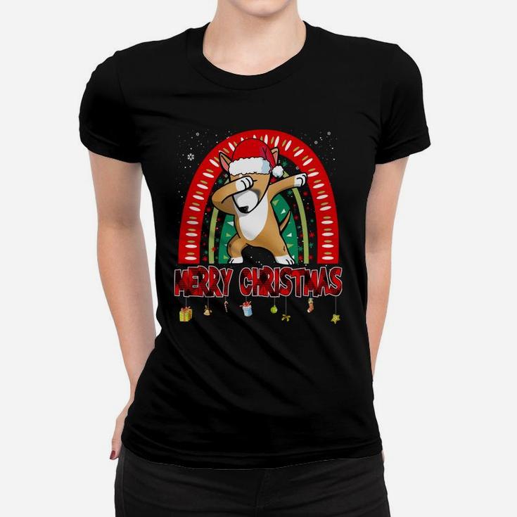 Dabbing Bull Terrier Dog Boho Rainbow Funny Merry Christmas Women T-shirt