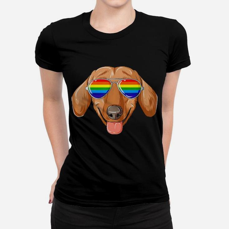 Dachshund Gay Pride Flag Lgbt Rainbow Sunglasses Women T-shirt