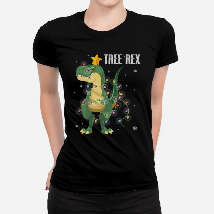 Dinosaur With Christmas Lights Dancing Snow Tree Xmas Rex Women T-shirt
