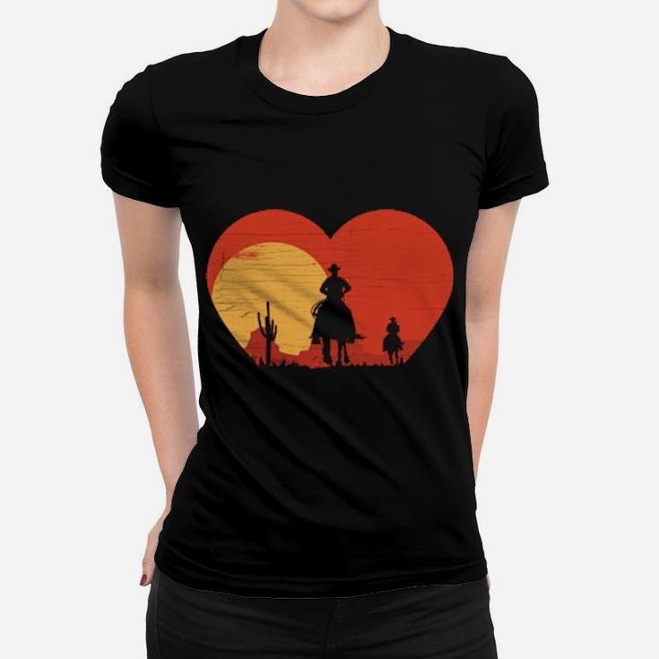 Distressed Heart Shape Cowboy Riding Horse Sunset Mountains Women T-shirt