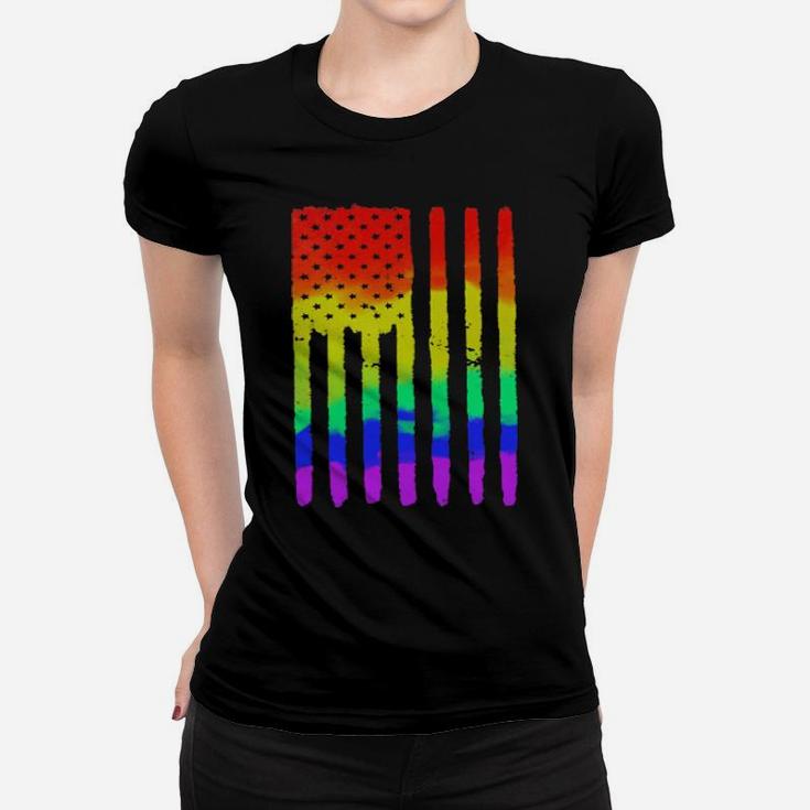 Distressed Rainbow American Flag Gay Pride Patriot Us Women T-shirt