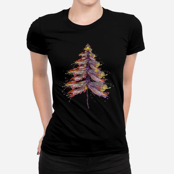 Dragonfly Christmas Tree Colorfull Retro Vintage Watercolor Women T-shirt
