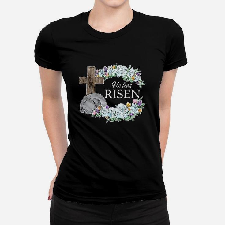 Easter He Has Risen With Cross And Flowers Women T-shirt