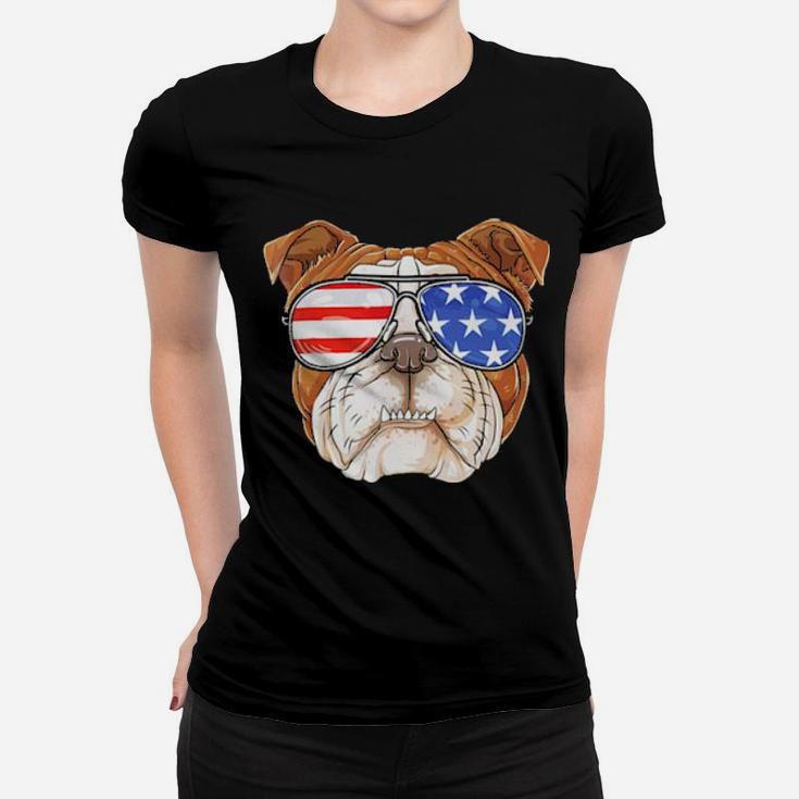 English Bulldog American Sunglasses  4Th Of July Dog Women T-shirt