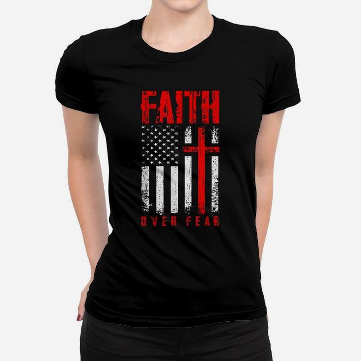 Faith Over Fears Christian Cross American Usa Flag Gym Women T-shirt