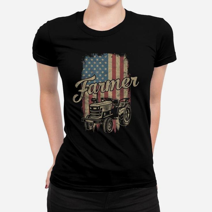 Farmer American Flag Retro Farming Tractor Usa Patrioticic Women T-shirt