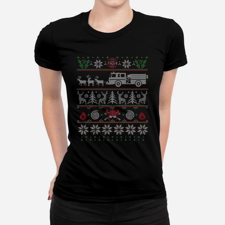 Firefighter Fire Truck Pulled By Reindeer Ugly Christmas Women T-shirt