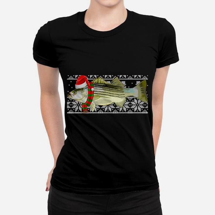 Fish Xmas Santa Hat Striped Bass Ugly Christmas Sweatshirt Women T-shirt