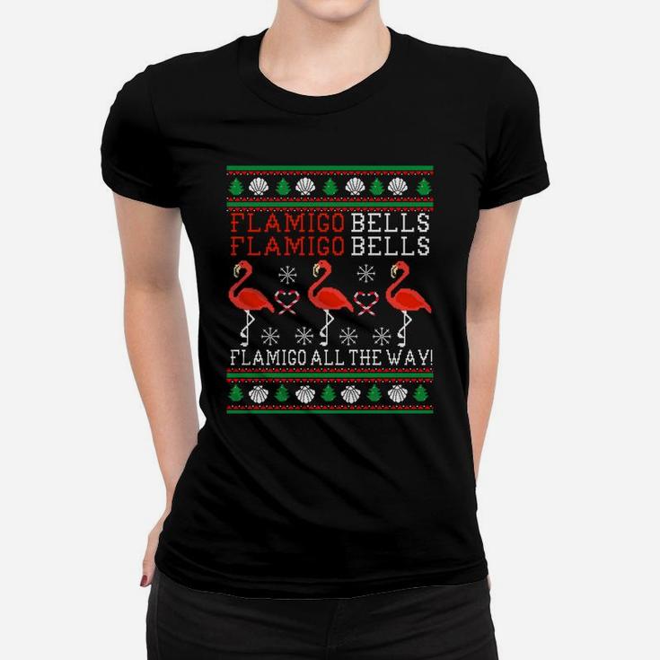Flamingo Bells All The Way Ugly Christmas Funny Holiday Sweatshirt Women T-shirt