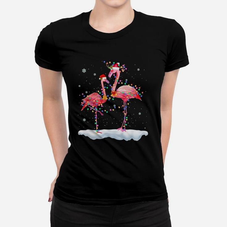 Flamingo Christmas Tree Santa Hat Xmas Light Merry Christmas Sweatshirt Women T-shirt