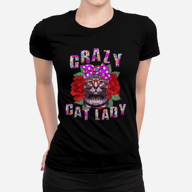 Flower Crazy Cat Lady Gift For Women Girls Vintage Red Roses Women T-shirt