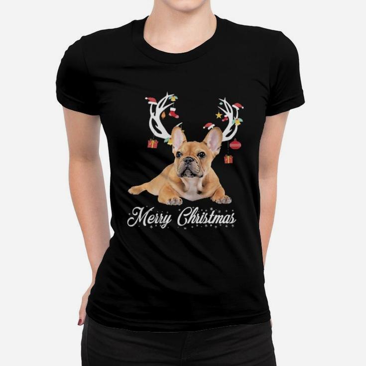 French Bulldog Reindeer Horns Merry Xmas Dog Lover Gift Women T-shirt