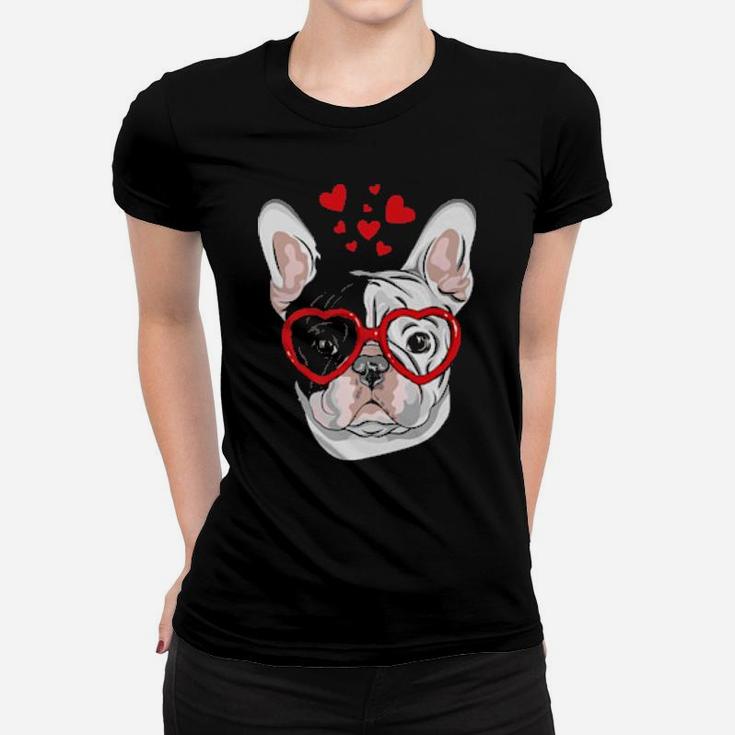 French Bulldog Sunglasses Heart Cute Dog Valentine Women T-shirt