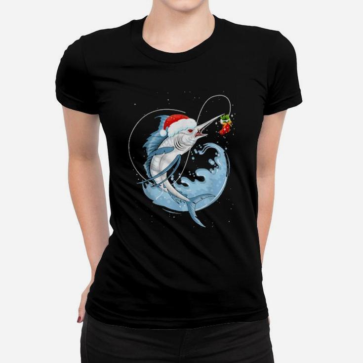 Funny Bass Fishing Santa Hat Women T-shirt
