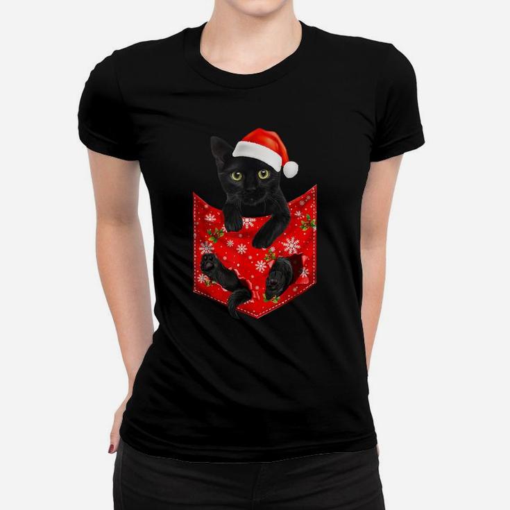 Funny Black Cat Christmas Pocket For Cat Lovers Women T-shirt