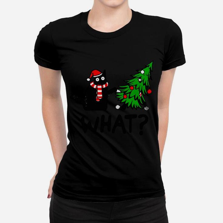 Funny Black Cat Gift Pushing Christmas Tree Over Cat What Women T-shirt
