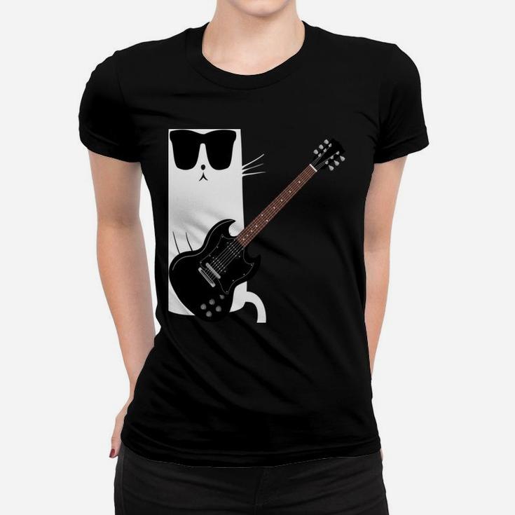 Funny Cat Wearing Sunglasses Playing Electric Guitar Women T-shirt