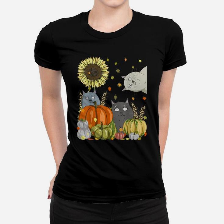 Funny Cats & Pumpkin Sunflower Fall Cat Lovers Thanksgiving Women T-shirt