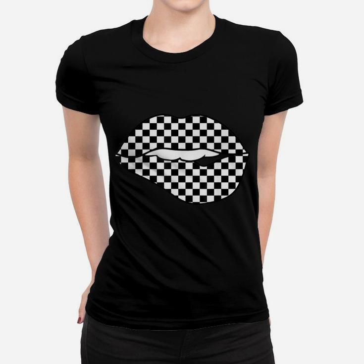 Funny Checkered Black White Lip Gift Cute Checkerboard Women Women T-shirt