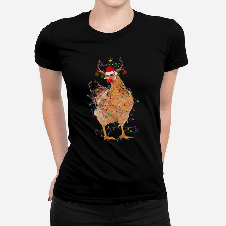 Funny Chicken Lights Santa Hat Sweater Xmas Tree Christmas Sweatshirt Women T-shirt