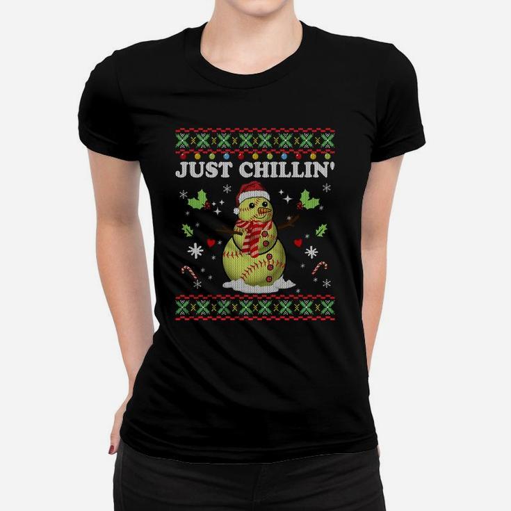 Funny Chillin' Snowman Softball Ball Ugly Christmas Sweater Sweatshirt Women T-shirt