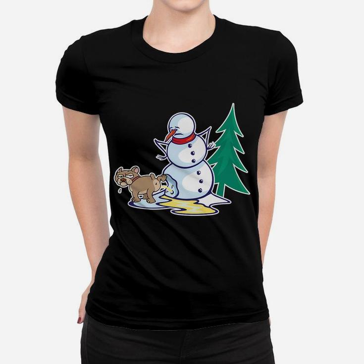 Funny Christmas Dog Peeing On Snowman Winter Women T-shirt